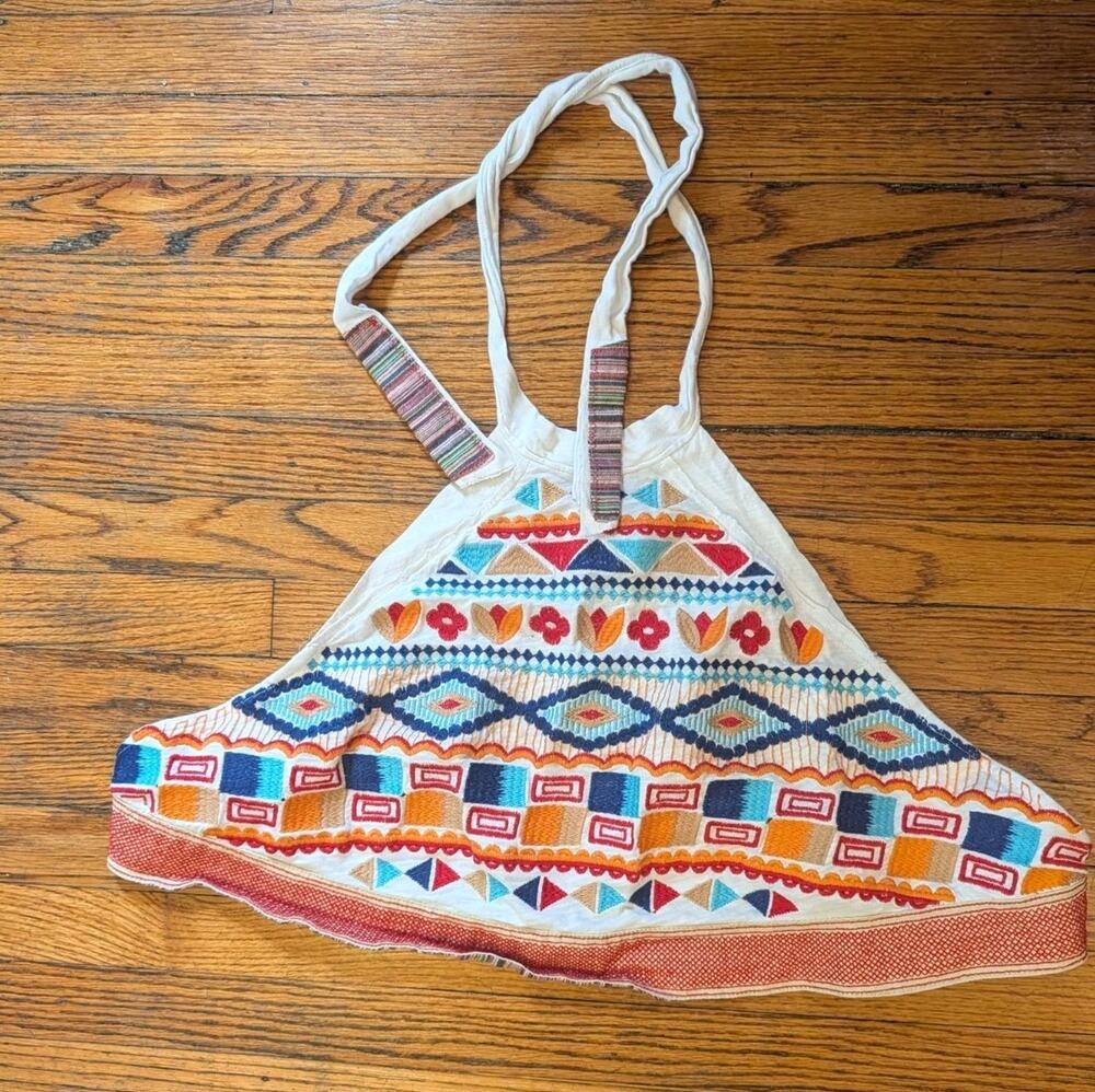 Andree By Unit Handkerchief boho crop halter linen top Women's Large Aztec Shirt